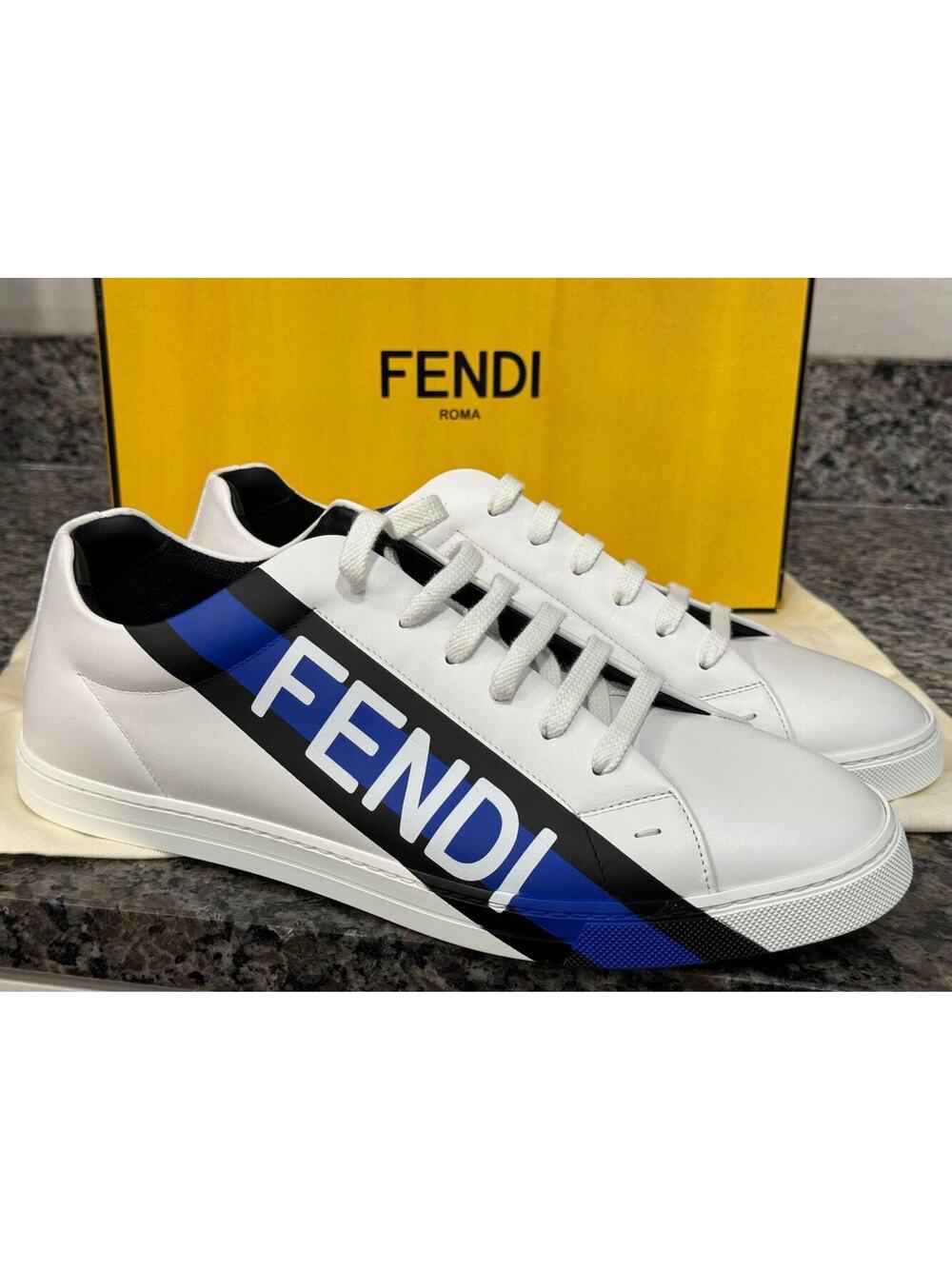 Fendi White Leather Low Top Fendi Logo Print Blue SZ 11 Sneakers - SAL 325571